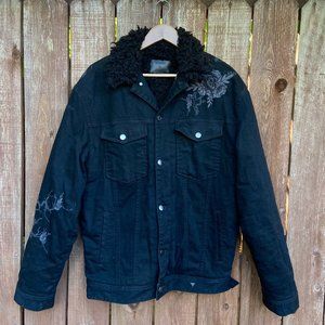 Guess Sherpa Lined Embroidered Floral Denim Jacket Size Medium